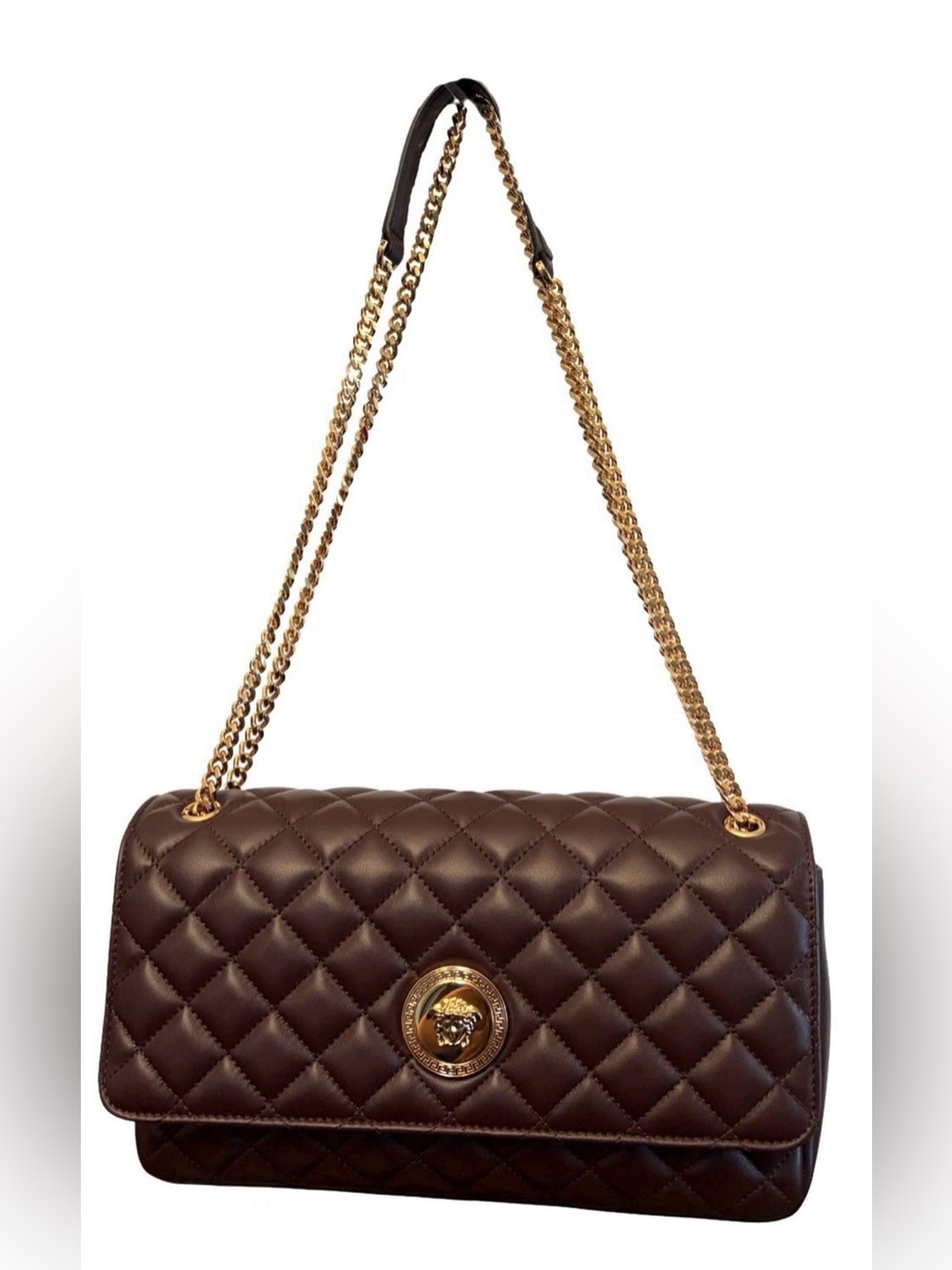 Versace La Medusa Brown Quilted Lambskin Leather Medium Crossbody Shoulder Bag - Picture 14 of 16